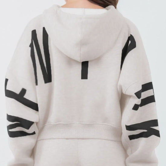 Trendy Cropped Hoodie with Letter Graphics and Drawstring
