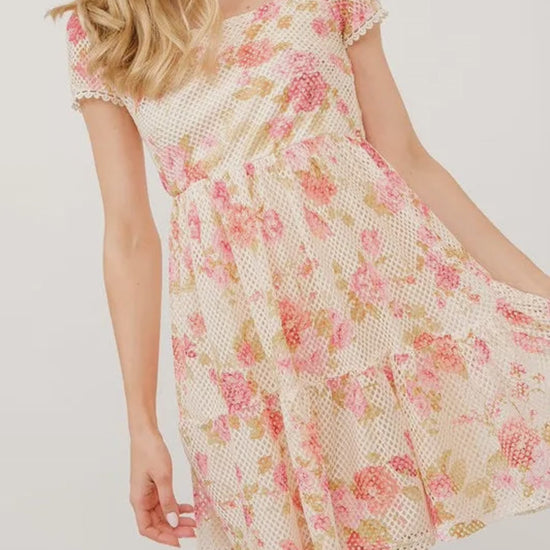 Elegant Square Neck Floral Dress with Fishnet Detailing
