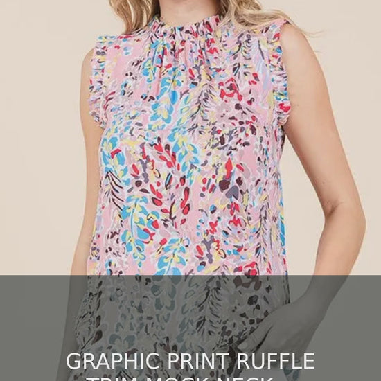 Graphic Print Ruffle Trim Mock Neck Sleeveless Top – Plus Size – video