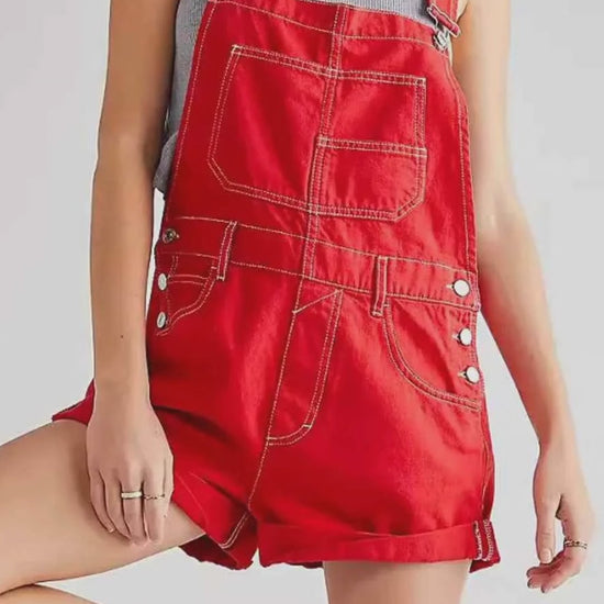 Scarlet Red Rolled Cuff Wide Strap Denim Overalls