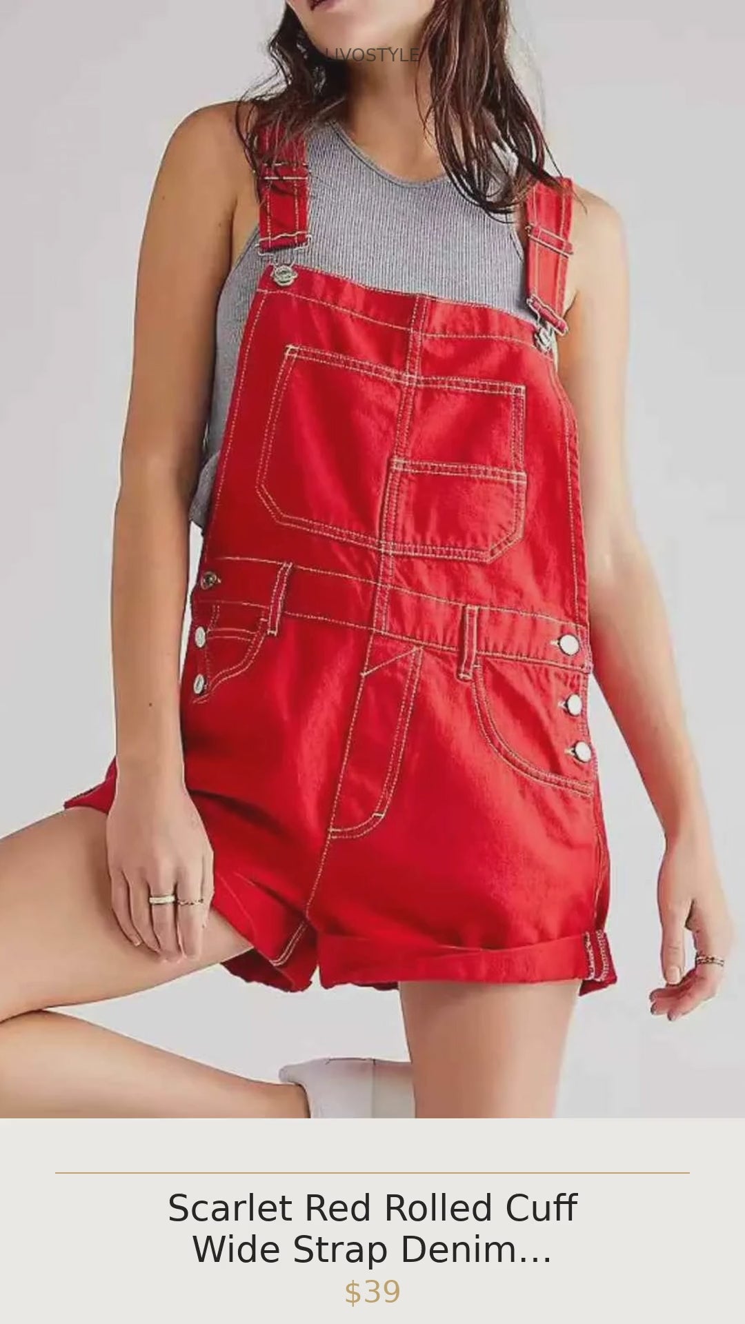 Scarlet Red Rolled Cuff Wide Strap Denim Overalls