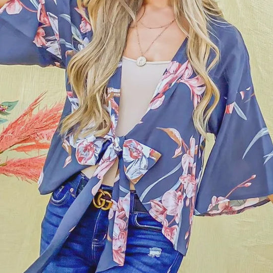 Chic Floral Print Front Tie Knot Top for Casual Style
