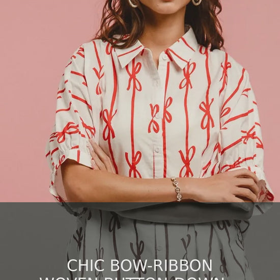 Bow Print Short Sleeve Button-Down Shirt with Collar – video
