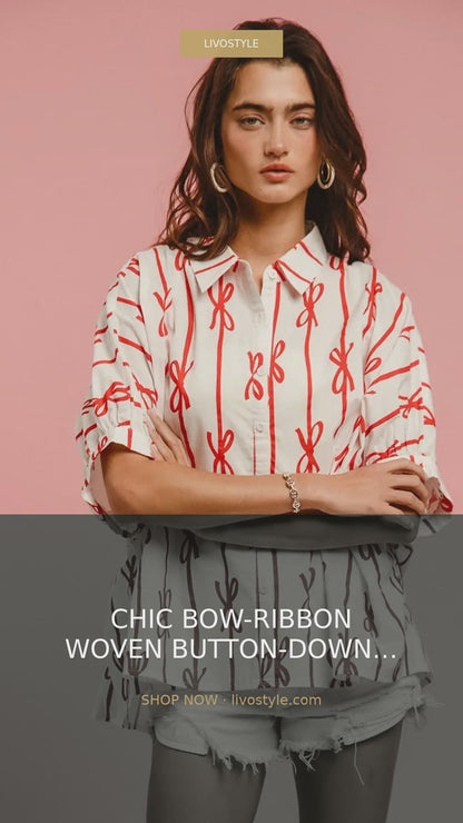 Bow Print Short Sleeve Button-Down Shirt with Collar – video