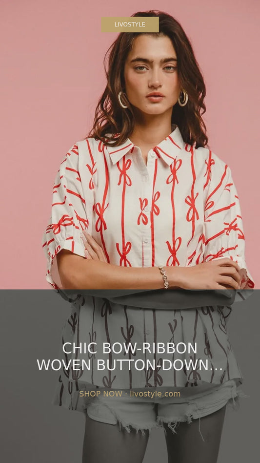 Bow Print Short Sleeve Button-Down Shirt with Collar – video