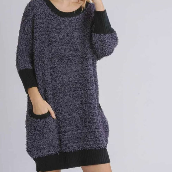 Ribbed Hem Round Neck 3/4 Sleeve Sweater Dress with Pockets in Black