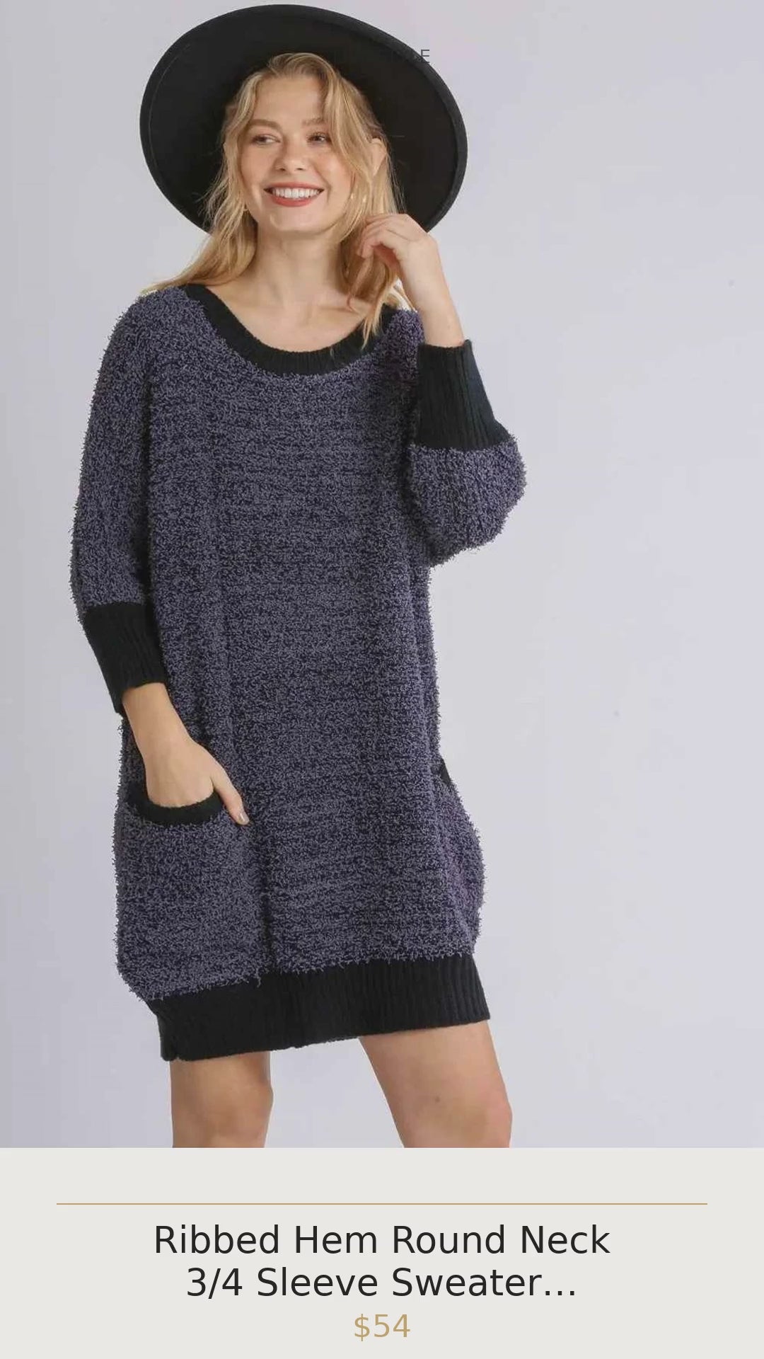 Ribbed Hem Round Neck 3/4 Sleeve Sweater Dress with Pockets in Black
