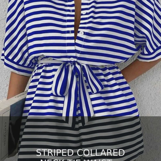 Striped Collared Neck Tie Waist Romper – video