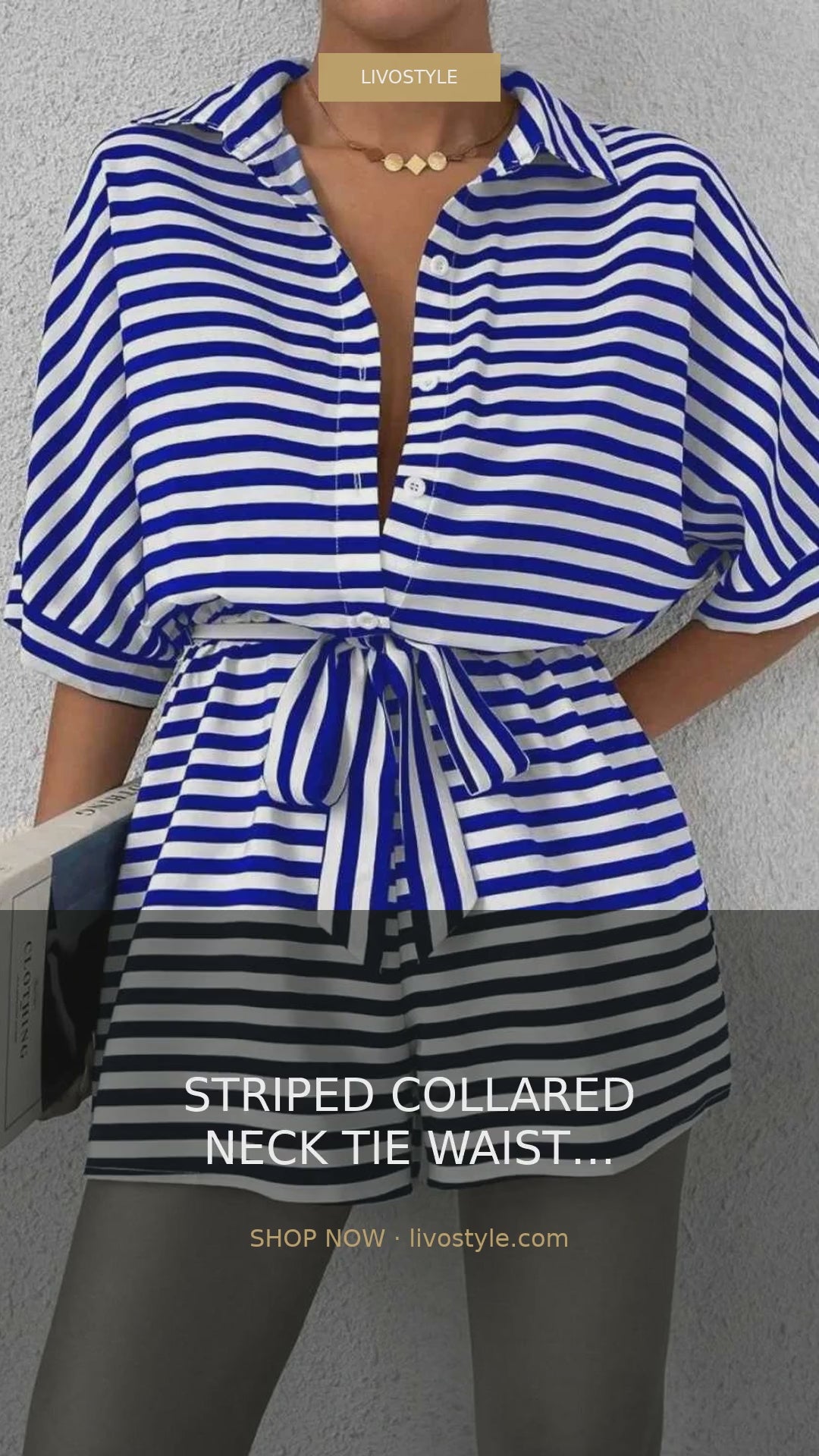 Striped Collared Neck Tie Waist Romper – video