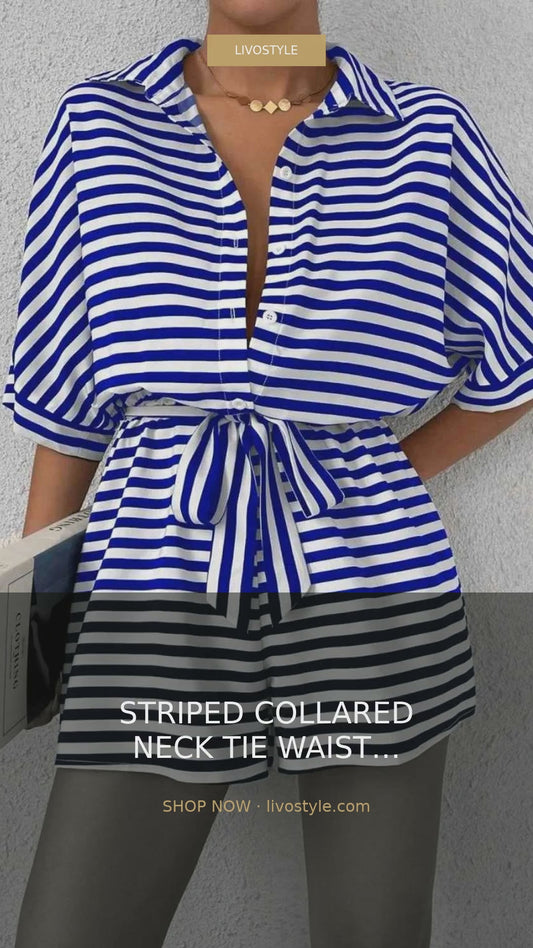 Striped Collared Neck Tie Waist Romper – video