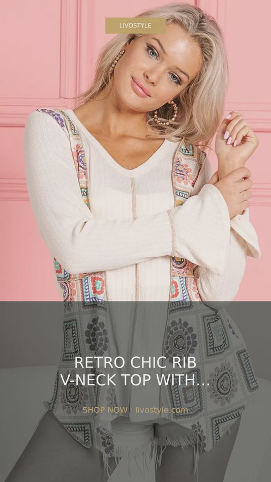Retro Granny Square Print Ribbed V-Neck Tunic Top – video