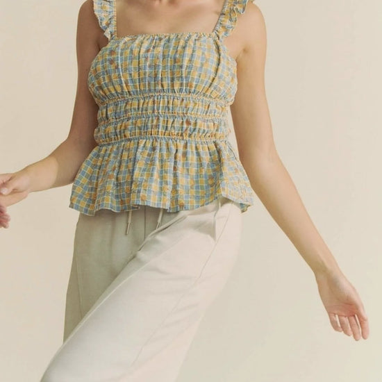 Sleeveless Plaid Top with Ruffled Straps and Smocked Bodice