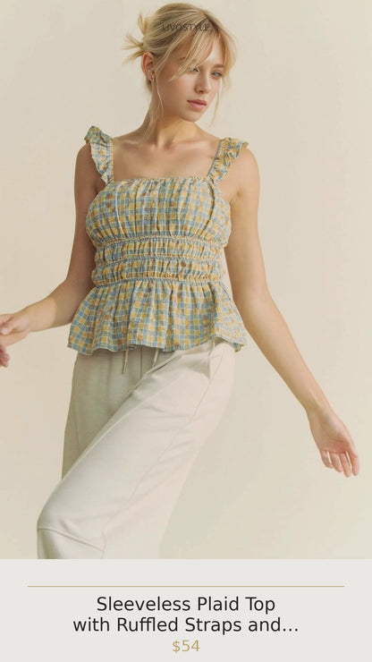 Sleeveless Plaid Top with Ruffled Straps and Smocked Bodice