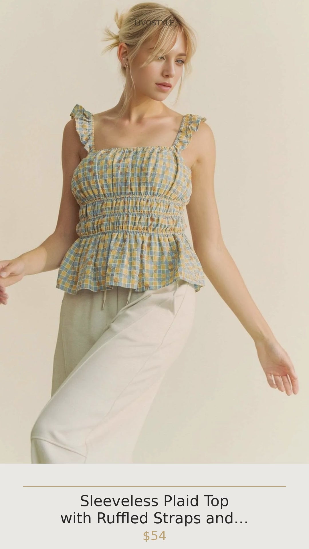 Sleeveless Plaid Top with Ruffled Straps and Smocked Bodice