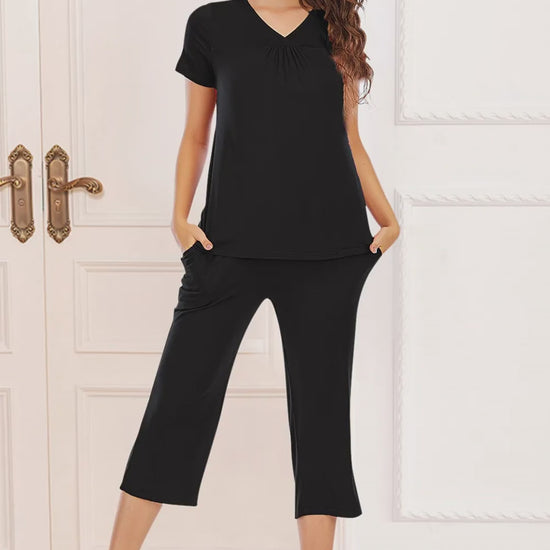 V-Neck Short Sleeve Top and Capri Pants Lounge Set – video