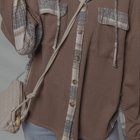 Plaid Patchwork Button Down Drawstring Hooded Shacket