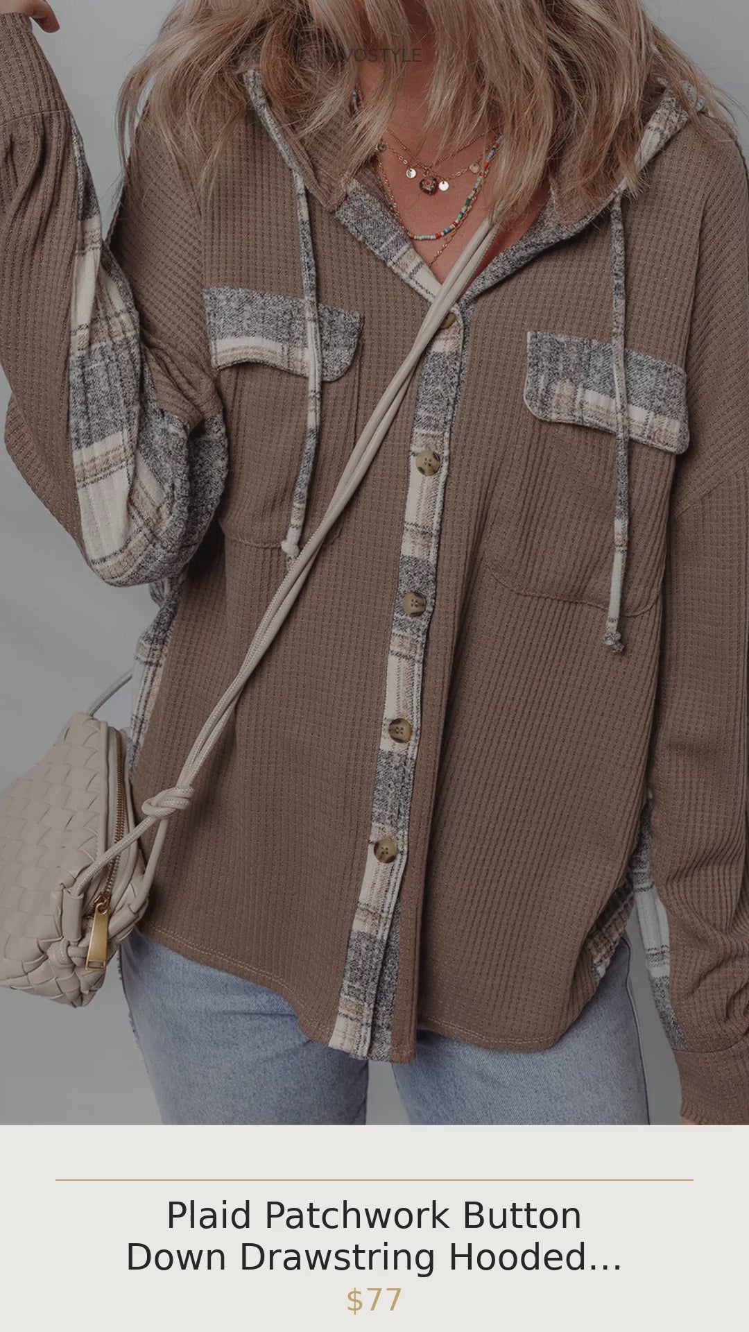Plaid Patchwork Button Down Drawstring Hooded Shacket