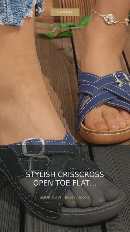 Crisscross Open Toe Flat Sandals in PU Leather – video
