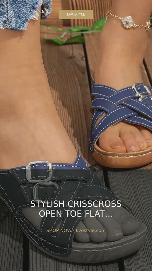 Crisscross Open Toe Flat Sandals in PU Leather – video