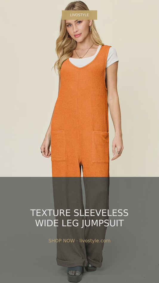 Ribbed Texture Sleeveless Wide Leg Jumpsuit with Patch Pockets – video