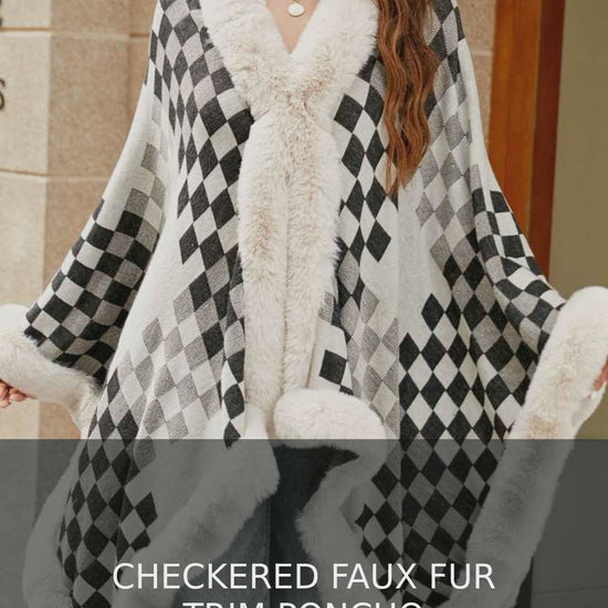 Checkered Faux Fur Trim Open Front Poncho – video