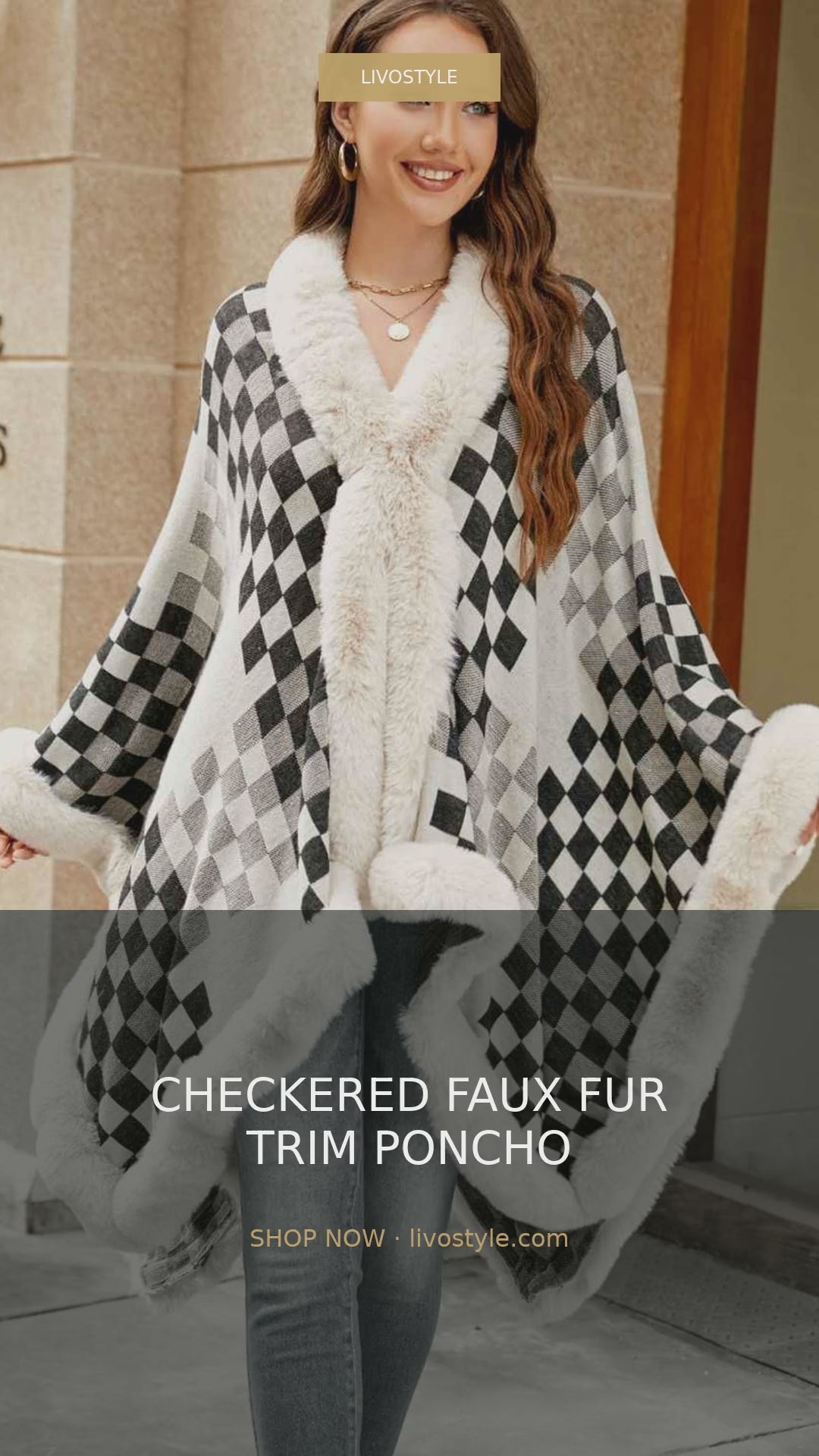 Checkered Faux Fur Trim Open Front Poncho – video