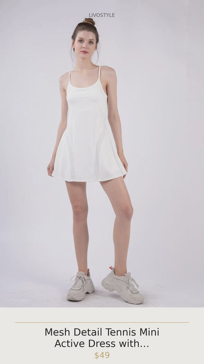 Mesh Detail Tennis Mini Active Dress with Shorts Inside in White