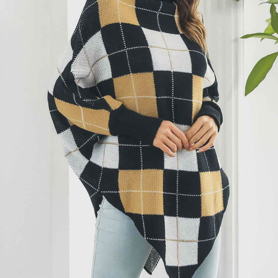 Plaid Turtleneck Dolman Sleeve Poncho
