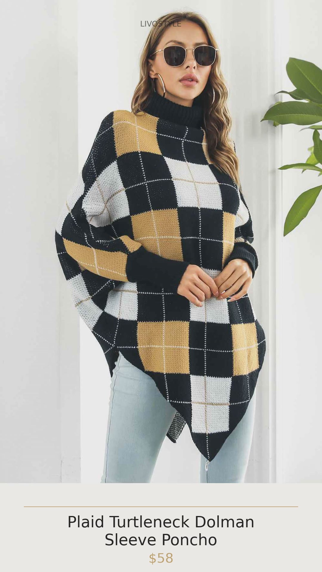 Plaid Turtleneck Dolman Sleeve Poncho