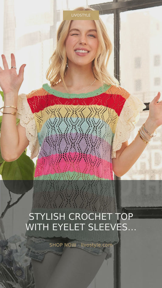 Crochet Short Sleeve Top with Eyelet Sleeves and Rainbow Stripes – video