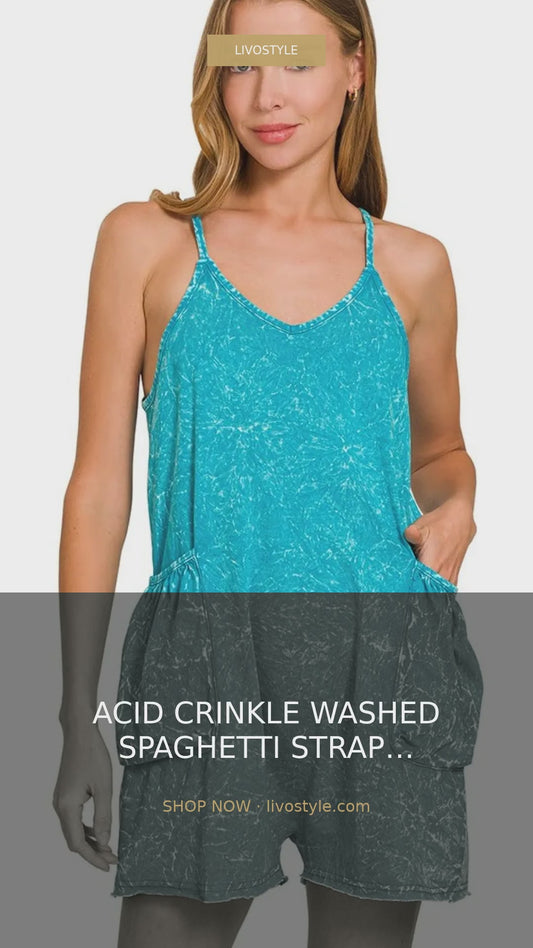 Acid Wash Crinkle Cotton Spaghetti Strap Romper with Pockets – video