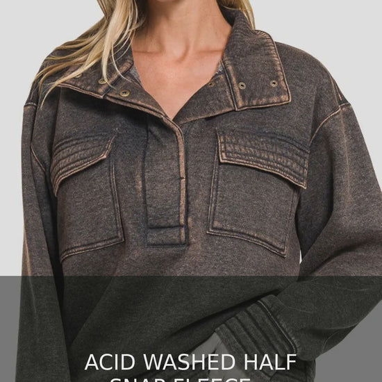 Acid Washed Half-Snap Fleece Sweatshirt with Pockets – video