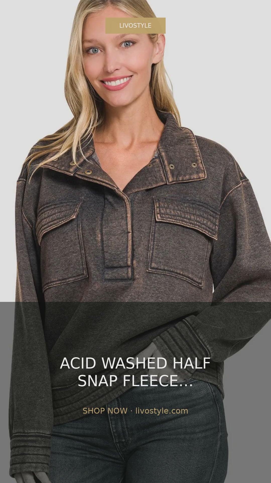 Acid Washed Half-Snap Fleece Sweatshirt with Pockets – video