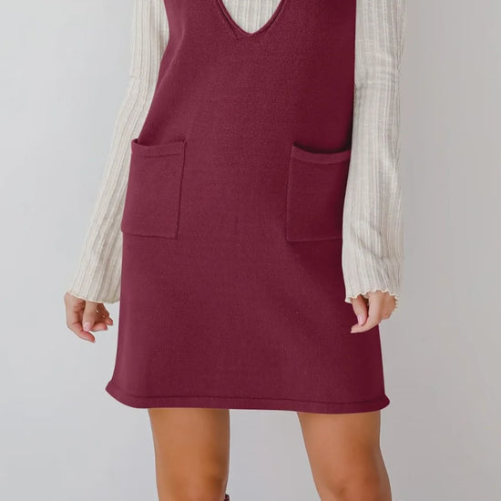 Burgundy Black Pinafore Sweater Overall Mini Dress
