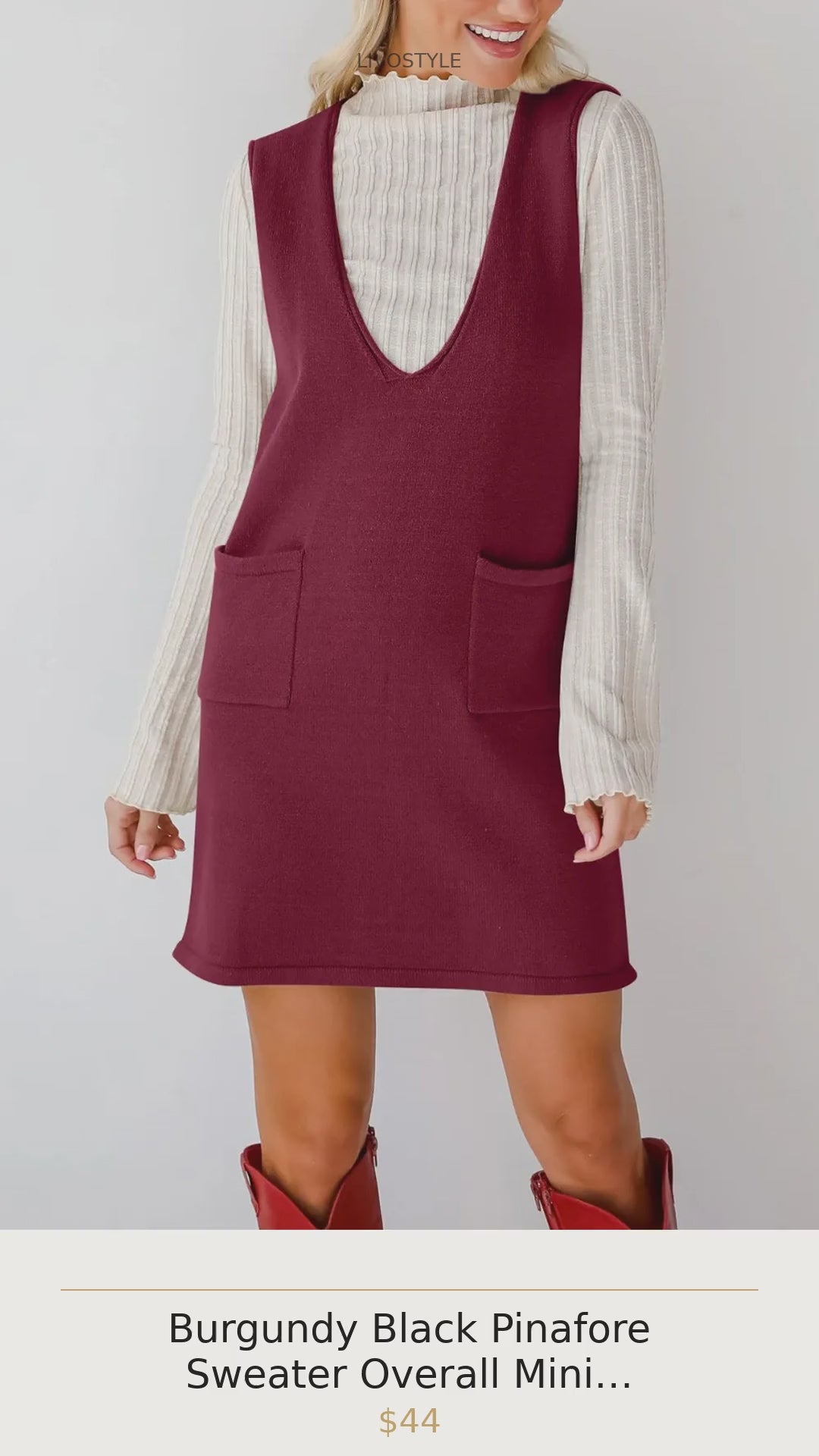 Burgundy Black Pinafore Sweater Overall Mini Dress