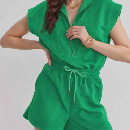 Drawstring Waist Half Zip Romper