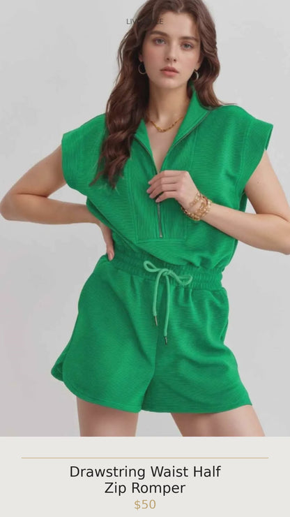 Drawstring Waist Half Zip Romper