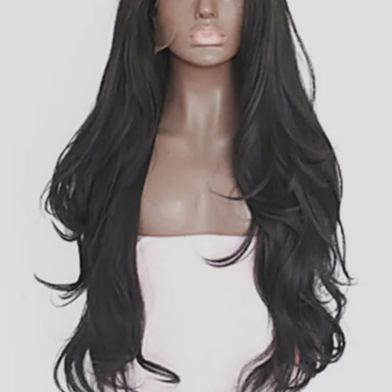 24" Lace Front Synthetic Wig in Black, Long Wavy