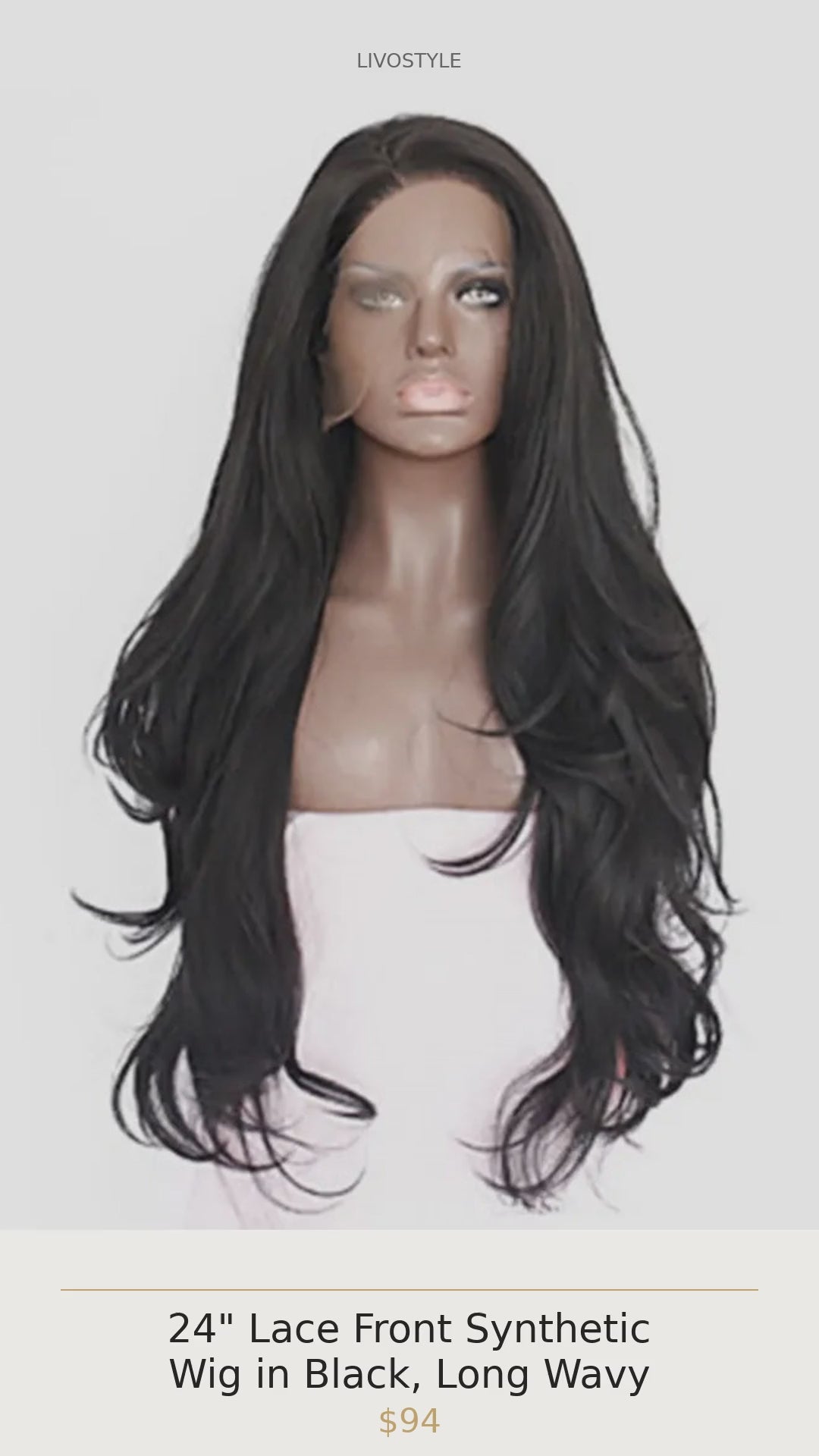 24" Lace Front Synthetic Wig in Black, Long Wavy
