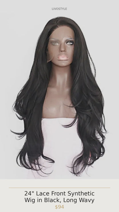 24" Lace Front Synthetic Wig in Black, Long Wavy