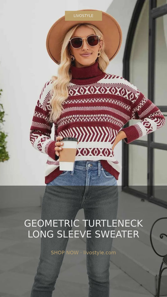 Geometric Print Turtleneck Long Sleeve Sweater – video