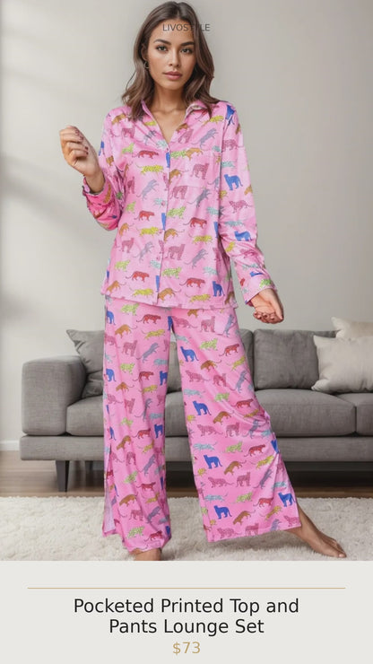 Pocketed Printed Top and Pants Lounge Set