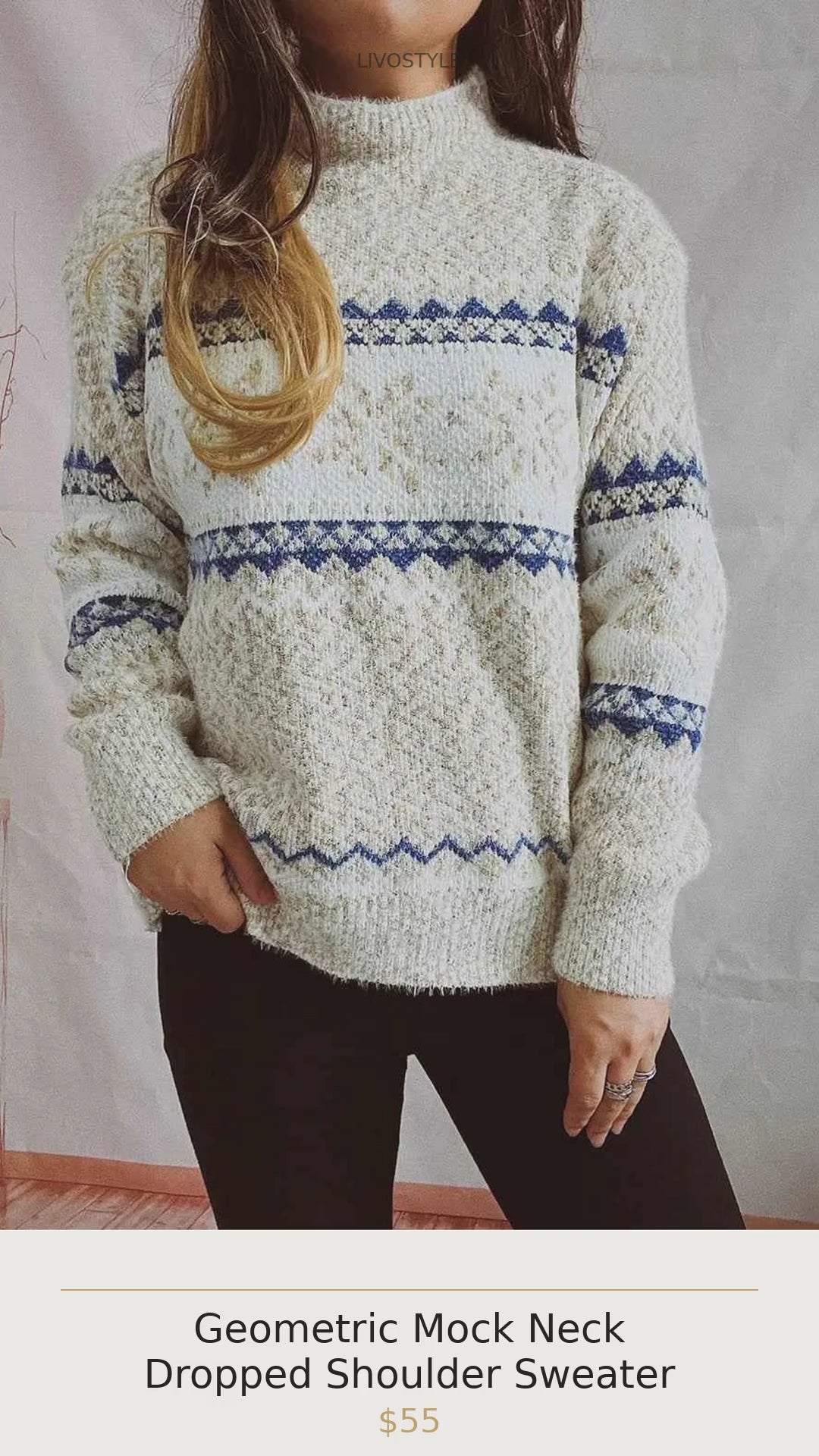 Geometric Mock Neck Dropped Shoulder Sweater