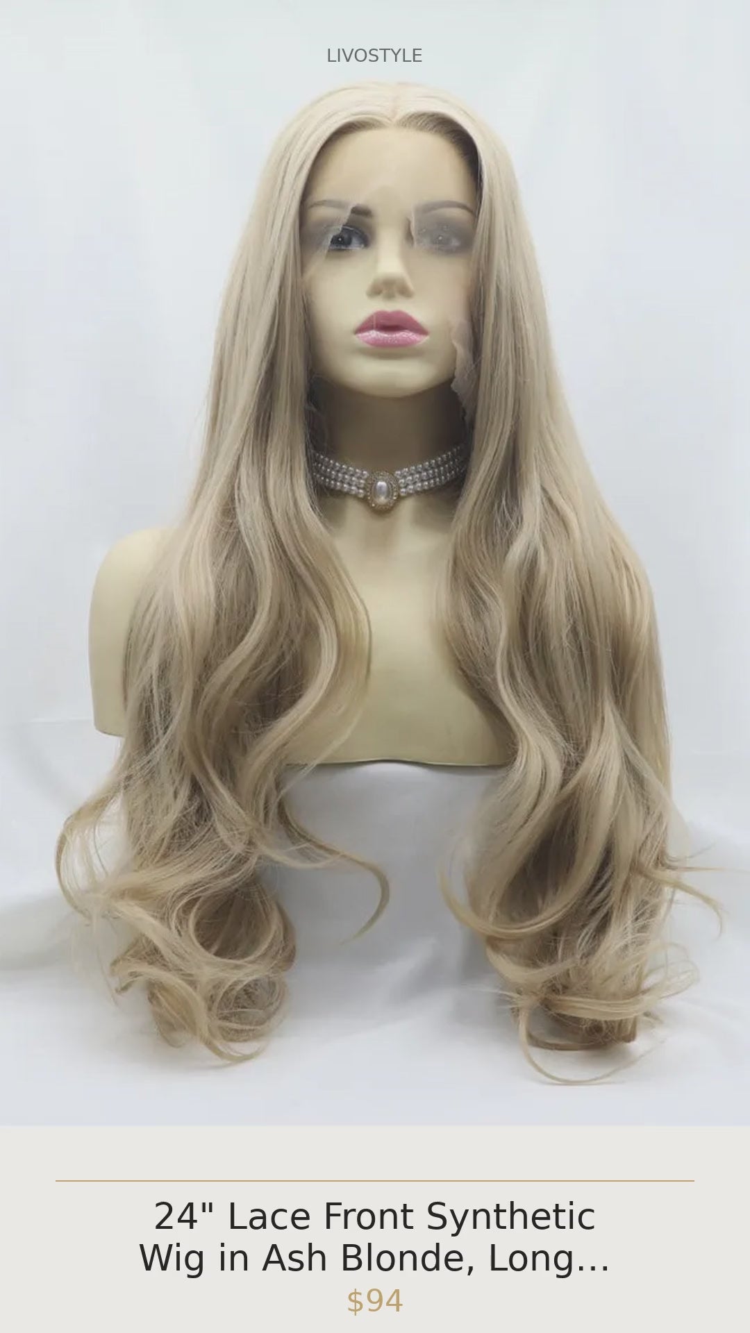 24" Lace Front Synthetic Wig in Ash Blonde, Long Wavy