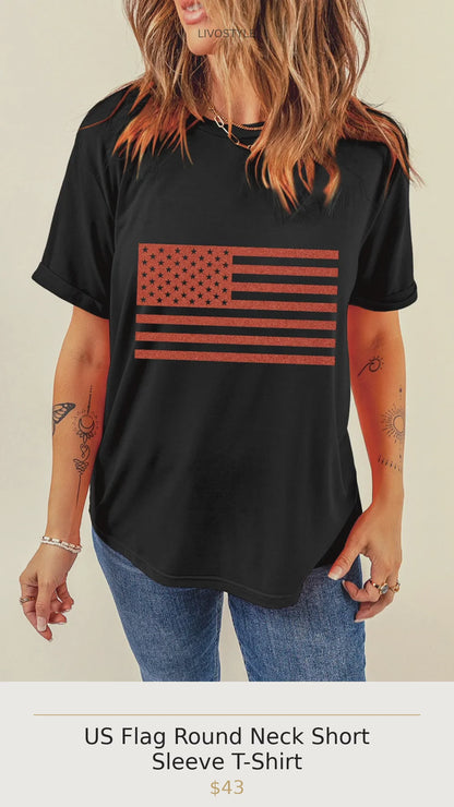 US Flag Round Neck Short Sleeve T-Shirt