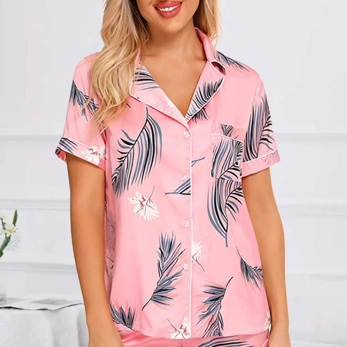 Printed Button Up Short Sleeve Top and Shorts Lounge Set — square view — Livostyle