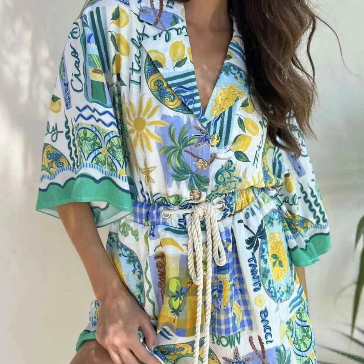 Printed Collared Neck Half Sleeve Romper — square view — Livostyle