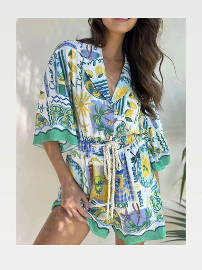 Printed Collared Neck Half Sleeve Romper — styled showcase — Livostyle