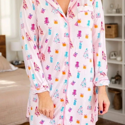 Printed Collared Neck Long Sleeve Lounge Dress — square view — Livostyle