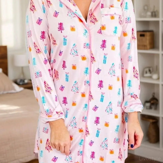 Printed Collared Neck Long Sleeve Lounge Dress — square view — Livostyle